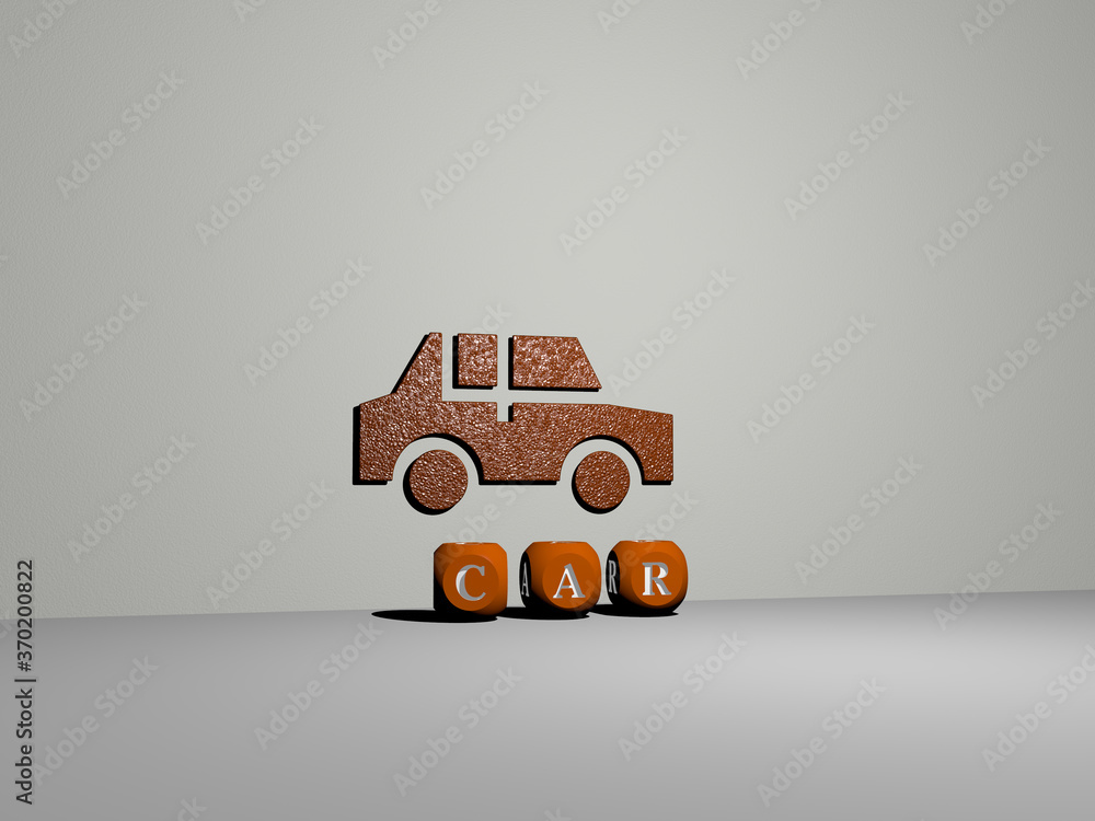 Poster 3d representation of car with icon on the wall and text arranged by metallic cubic letters on a mirr