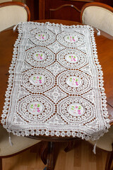 Vintage background with white crochet lace. Knitted frame for wedding and invitation. Background for valentines day or birthday