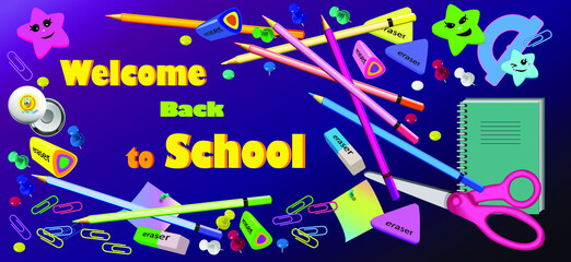 Banner with realistic image of school supplies. Vector illustration.School invitation lettering on banner. 