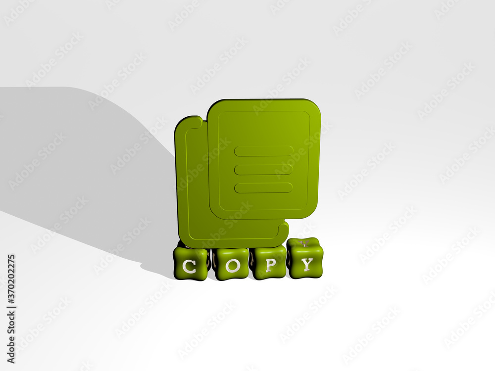 Poster 3d representation of copy with icon on the wall and text arranged by metallic cubic letters on a mir