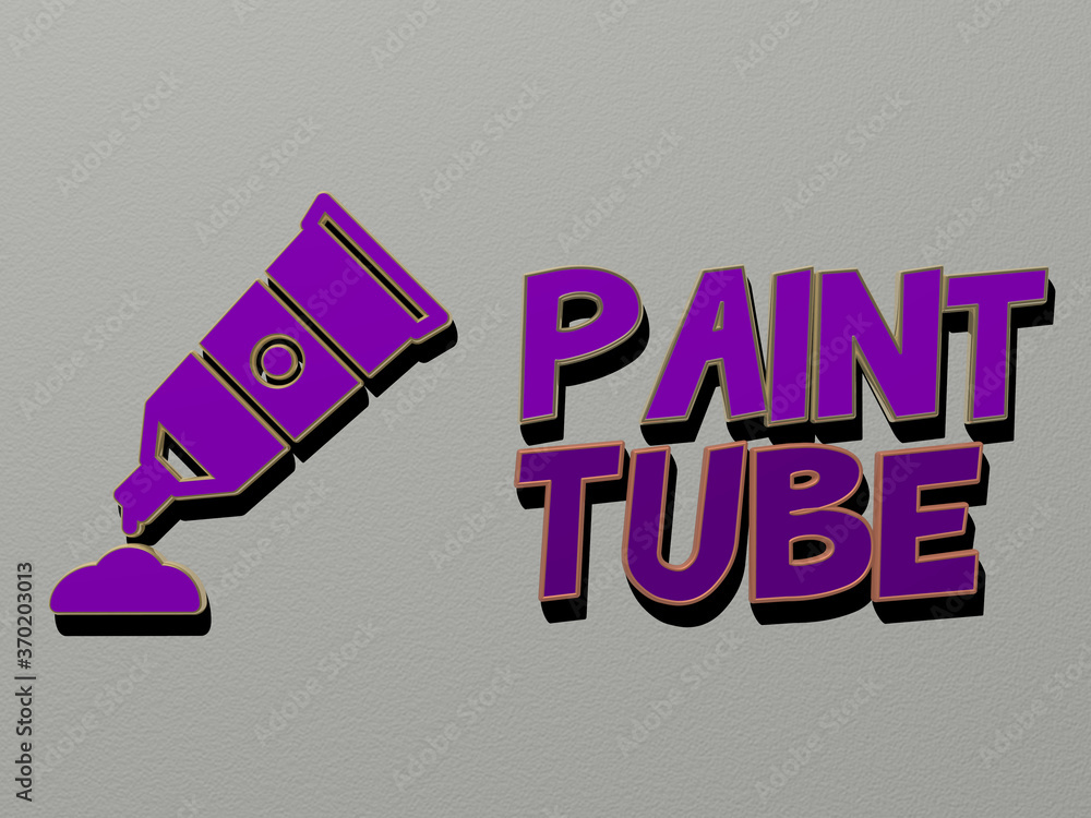 Poster 3d graphical image of paint tube vertically along with text built by metallic cubic letters from the