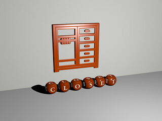 3D illustration of CLOSET graphics and text made by metallic dice letters for the related meanings of the concept and presentations. background and clothes