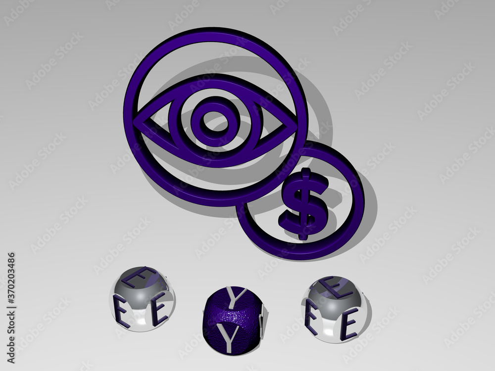 Poster 3d representation of eye with icon on the wall and text arranged by metallic cubic letters on a mirr