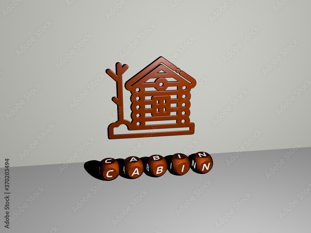 Poster 3d illustration of cabin graphics and text made by metallic dice letters for the related meanings of