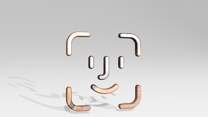 face id casting shadow with two lights. 3D illustration of metallic sculpture over a white background with mild texture. beautiful and woman