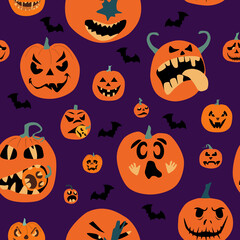 Halloween spooky night seamless pattern with various pumpkins. Jack o lanterns with weird facial expressions eating each other.Day of the Dead. Vector party invitation,print for fabric.Scared emotion