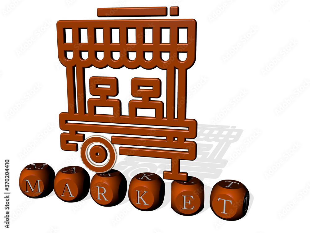 Poster 3d representation of market with icon on the wall and text arranged by metallic cubic letters on a m