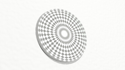 HYPNOTIC PATTERN IN CIRCLE made by 3D illustration of a shiny metallic sculpture on a wall with light background. abstract and design
