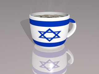 israel placed on a cup of hot coffee mirrored on the floor in a 3D illustration with realistic perspective and shadows