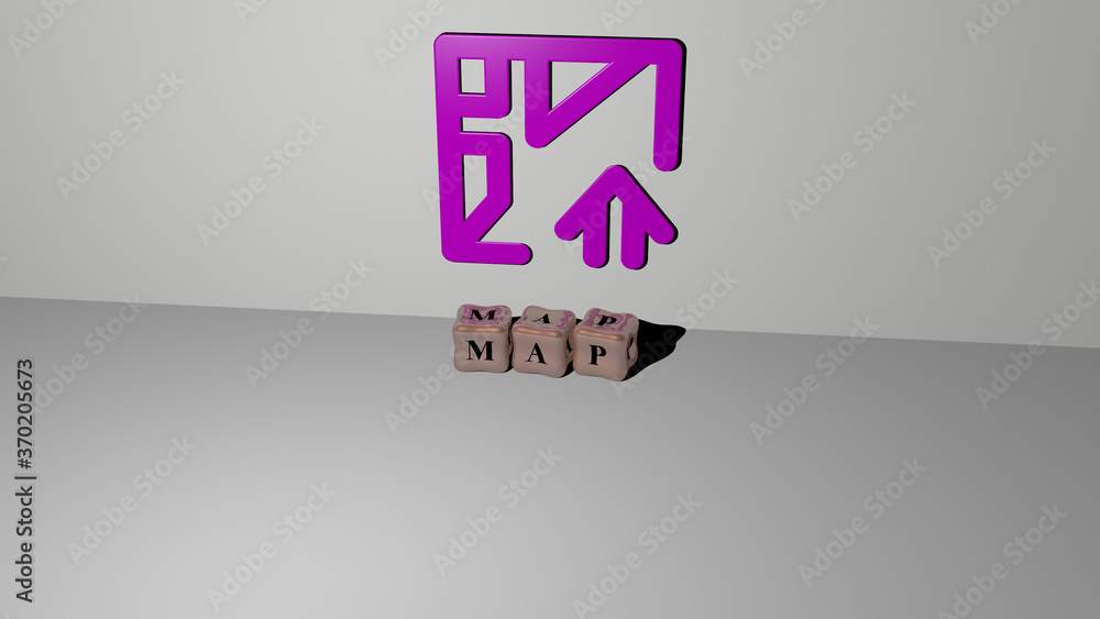 Poster 3d representation of map with icon on the wall and text arranged by metallic cubic letters on a mirr