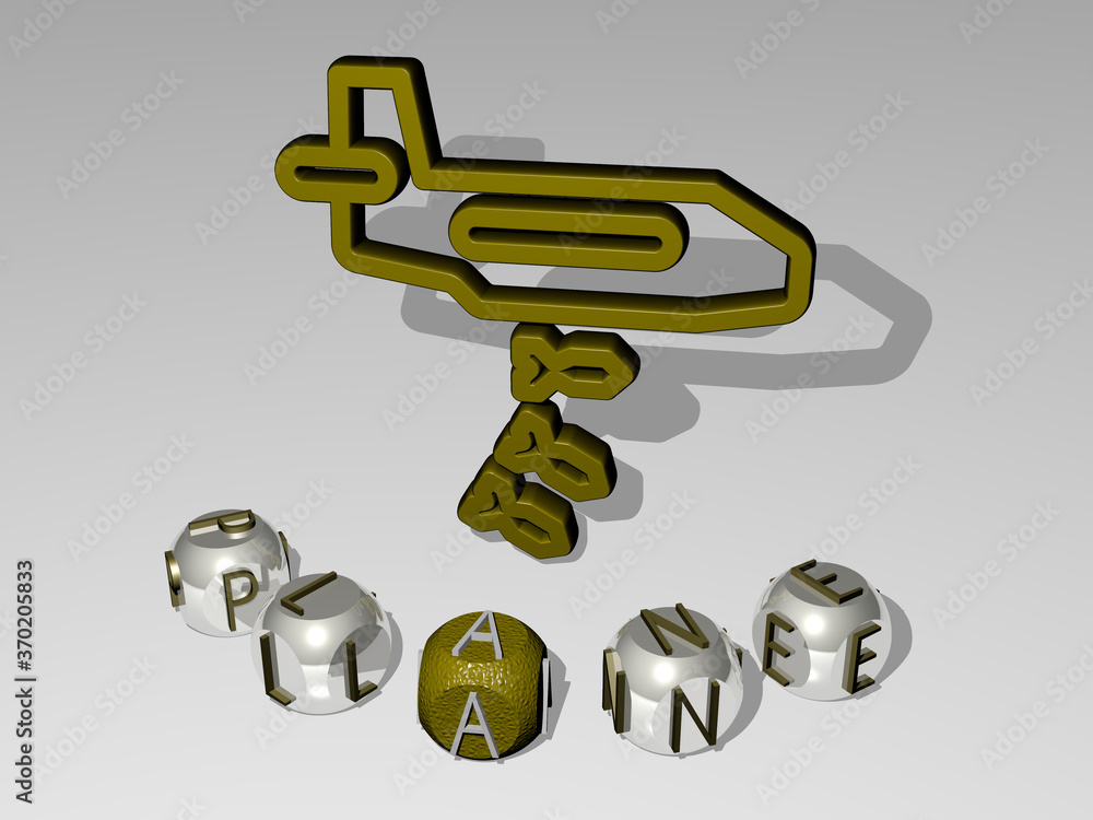Poster 3d representation of plane with icon on the wall and text arranged by metallic cubic letters on a mi