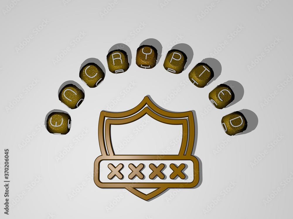 Poster 3d representation of encrypted with icon on the wall and text arranged by metallic cubic letters on 