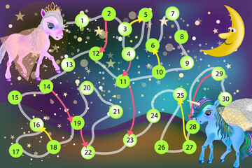 Colorful game for children with pony. Board game- Fairy Pegasus and Beautiful Ponies.