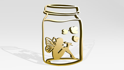 FAIRY WITH WINGS IN A JAR stand with shadow. 3D illustration of metallic sculpture over a white background with mild texture. beautiful and fantasy