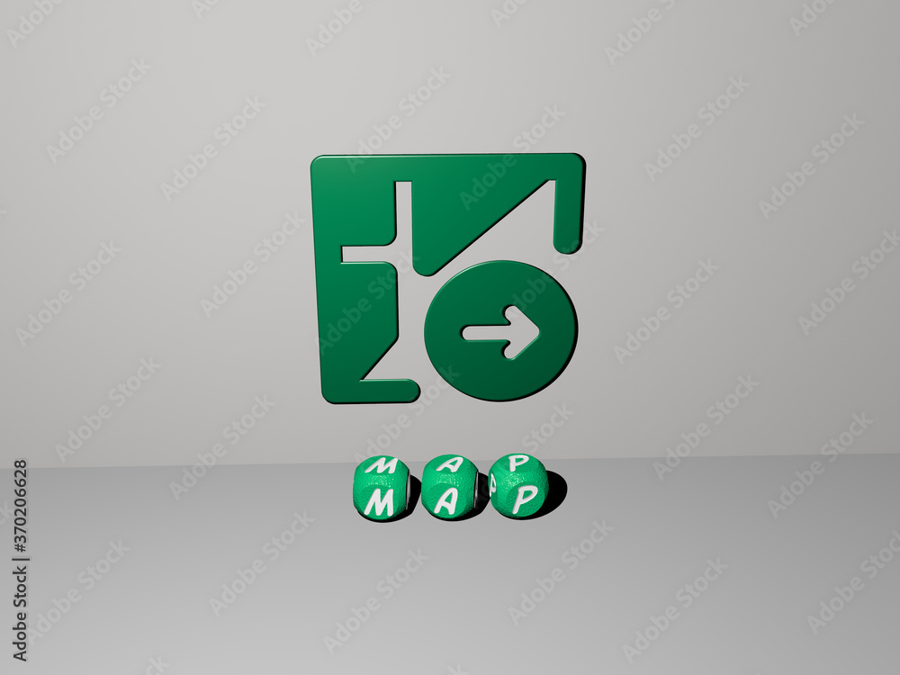 Poster 3d representation of map with icon on the wall and text arranged by metallic cubic letters on a mirr