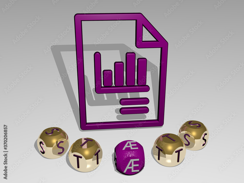 Poster 3d illustration of stats graphics and text around the icon made by metallic dice letters for the rel