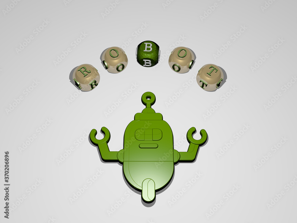 Poster 3d graphical image of robot vertically along with text built around the icon by metallic cubic lette
