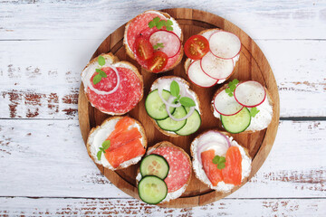 Top view on different sandwiches, flat lay	
