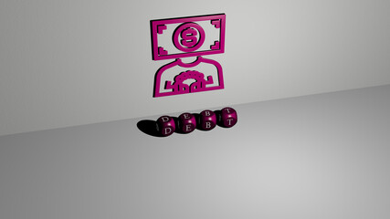 3D representation of debt with icon on the wall and text arranged by metallic cubic letters on a mirror floor for concept meaning and slideshow presentation. business and bank