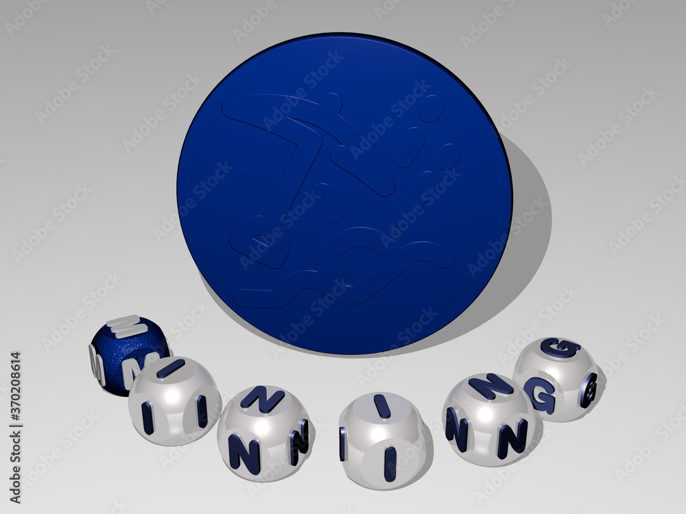 Poster 3d illustration of mining graphics and text around the icon made by metallic dice letters for the re