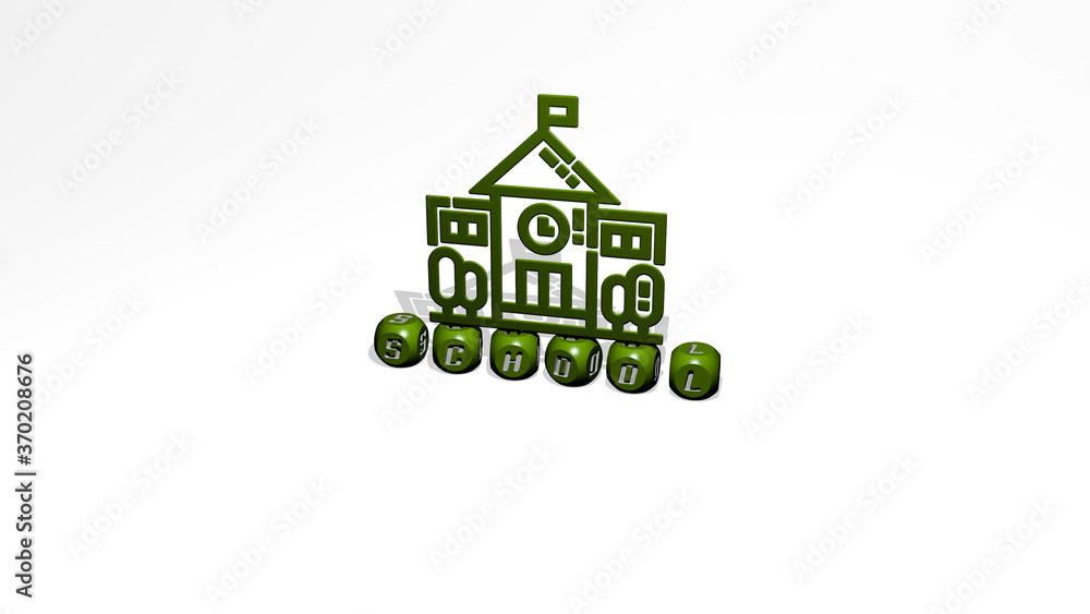 Aufkleber 3d representation of school with icon on the wall and text arranged by metallic cubic letters on a m
