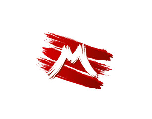 Creative M Letter Logo in Red Strips Grunge Splatter Element. Retro Rusty logo design template.