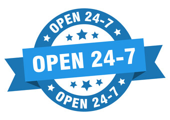 open 24 7 round ribbon isolated label. open 24 7 sign