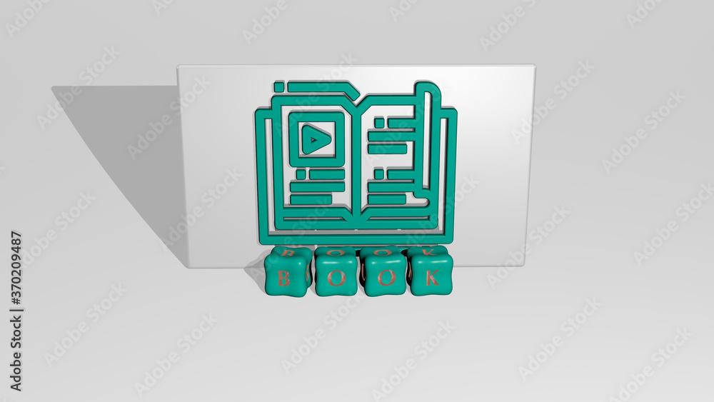 Poster 3d illustration of book graphics and text made by metallic dice letters for the related meanings of 