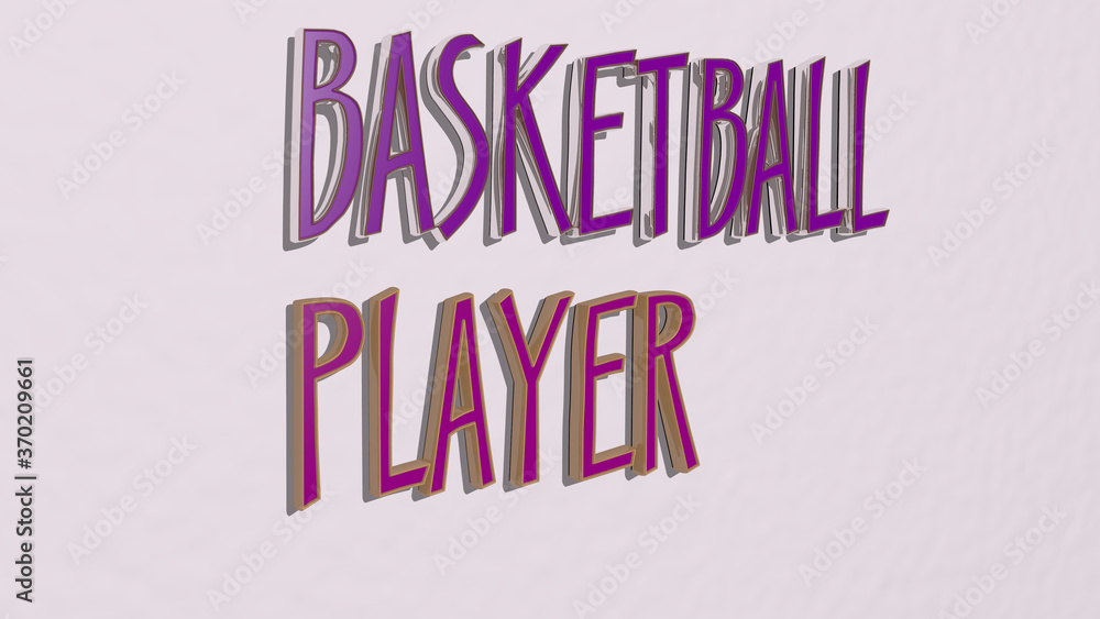 Poster 3d graphical image of basketball player vertically along with text built by metallic cubic letters f