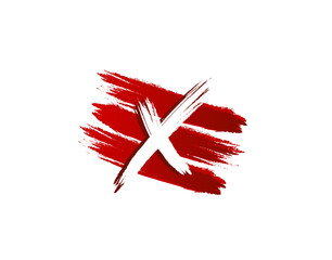 Creative X Letter Logo in Red Strips Grunge Splatter Element. Retro Rusty logo design template.