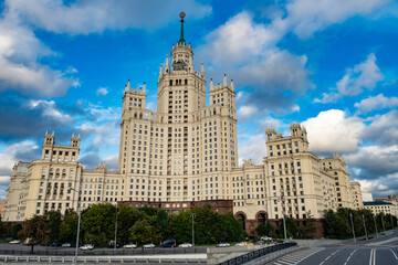 Moscow. Russia. Stalin's skyscrapers in the Russian capital. High-rise building on Kotelnicheskaya embankment. Architecture of the USSR. High-rise building against a beautiful sky. Sight of Moscow.