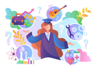 Graduation or career choice through education concept with a woman in graduation gown and hat surrounded by icons depicting various occupations, colored vector illustration