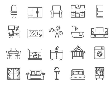 Large set of black and white icons of household furniture and architectural features of a home, vector illustration