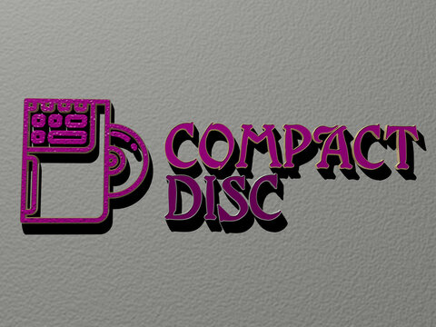 3D representation of COMPACT DISC with icon on the wall and text arranged by metallic cubic letters on a mirror floor for concept meaning and slideshow presentation. background and illustration