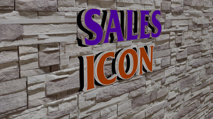 3D representation of sales icon with icon on the wall and text arranged by metallic cubic letters on a mirror floor for concept meaning and slideshow presentation. business and illustration