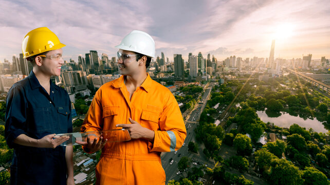 Asian engineer smart sustainable city power energy digital technology, park and city background, online process industry automation smart digital technology and power energy sustainable city.