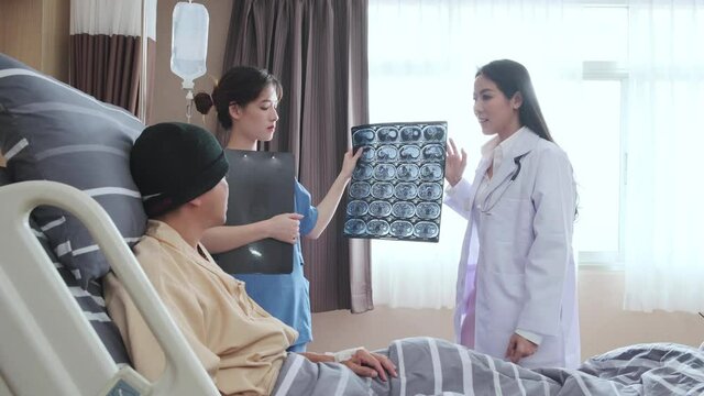 professional asian Female Doctor team explain x-ray chest film result with care and concern to illness cancer asian adult man patient in revocery ward room in hospital.