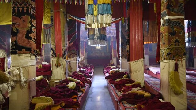 The interior of a prayer room within a Tibetan Monastery