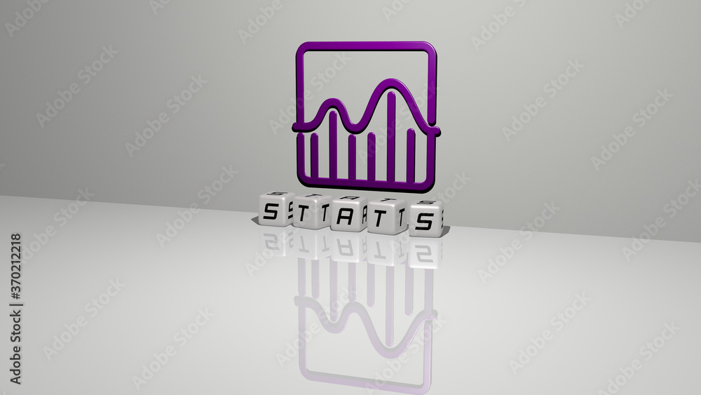 Poster 3d illustration of stats graphics and text made by metallic dice letters for the related meanings of