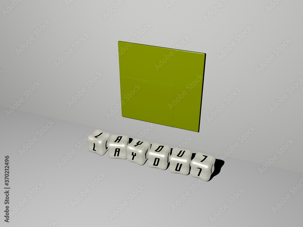 Poster 3d representation of layout with icon on the wall and text arranged by metallic cubic letters on a m