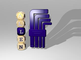 3D illustration of ALLEN graphics and text around the icon made by metallic dice letters for the related meanings of the concept and presentations. background and blue