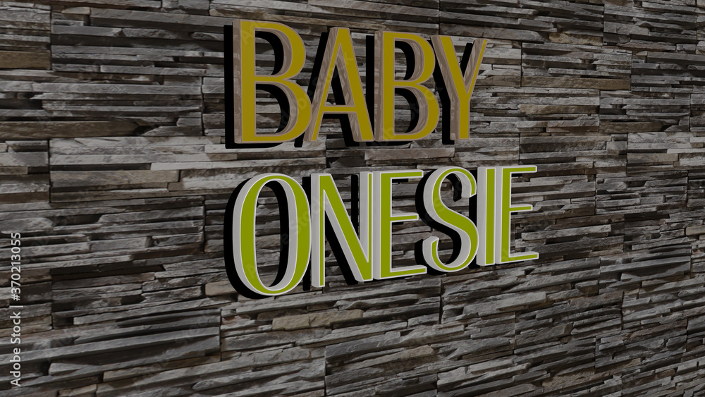 Poster 3d representation of baby onesie with icon on the wall and text arranged by metallic cubic letters o