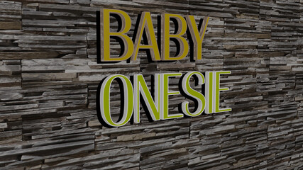 3D representation of BABY ONESIE with icon on the wall and text arranged by metallic cubic letters on a mirror floor for concept meaning and slideshow presentation. cute and child - obrazy, fototapety, plakaty