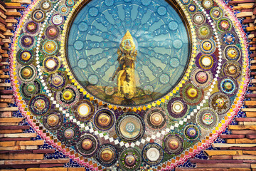 Art mosaic glass on the wall in Amazing Thailand temple Wat Phra Thart Pha Sorn Kaew in Asia, Popular famous landmark travel destination in Thailand