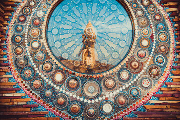 Art mosaic glass on the wall in Amazing Thailand temple Wat Phra Thart Pha Sorn Kaew in Asia, Popular famous landmark travel destination in Thailand