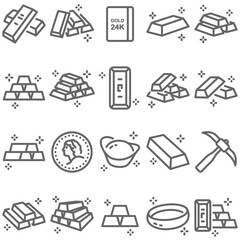 Gold icon illustration vector set. Contains such icon as Gold bar, Gold ring, Bullion, ingot, Wealth, Investment, Golden and more. Expanded Stroke