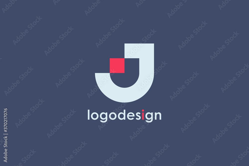 Poster abstract initial letter j logo. white geometric shape with red square dot isolated on blue backgroun