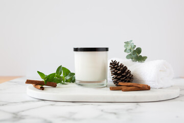 Candle Vignette Sitting with Pinecone and Eucalyptus