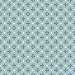 Simple geometric floral seamless pattern. Abstract vector ornament with small flower silhouettes, crosses, diamonds. Blue, turquoise and beige color. Elegant texture in gothic style. Repeat design