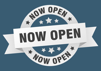 now open round ribbon isolated label. now open sign